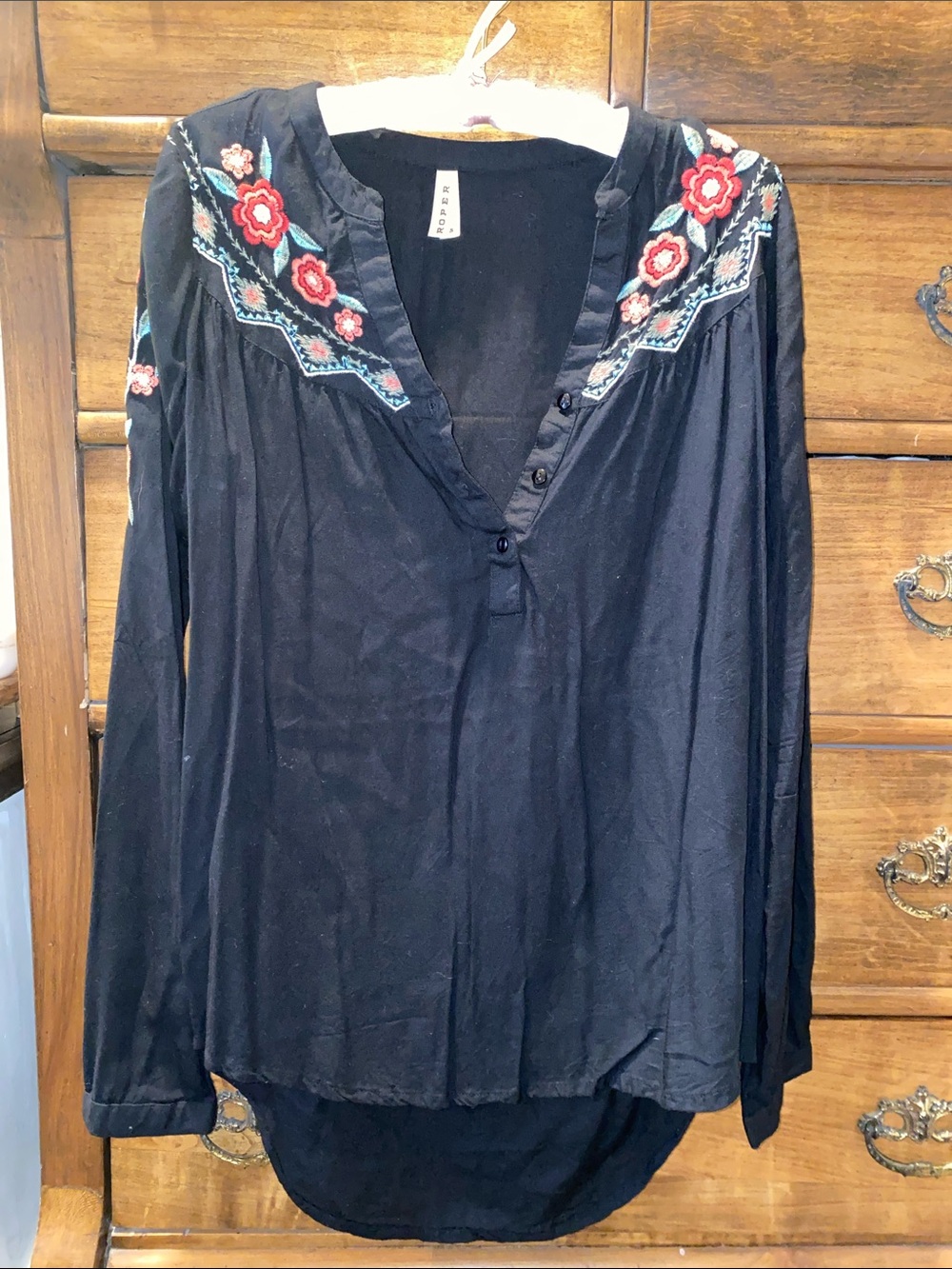 Roper Black Blouse with Red Floral Embroidery